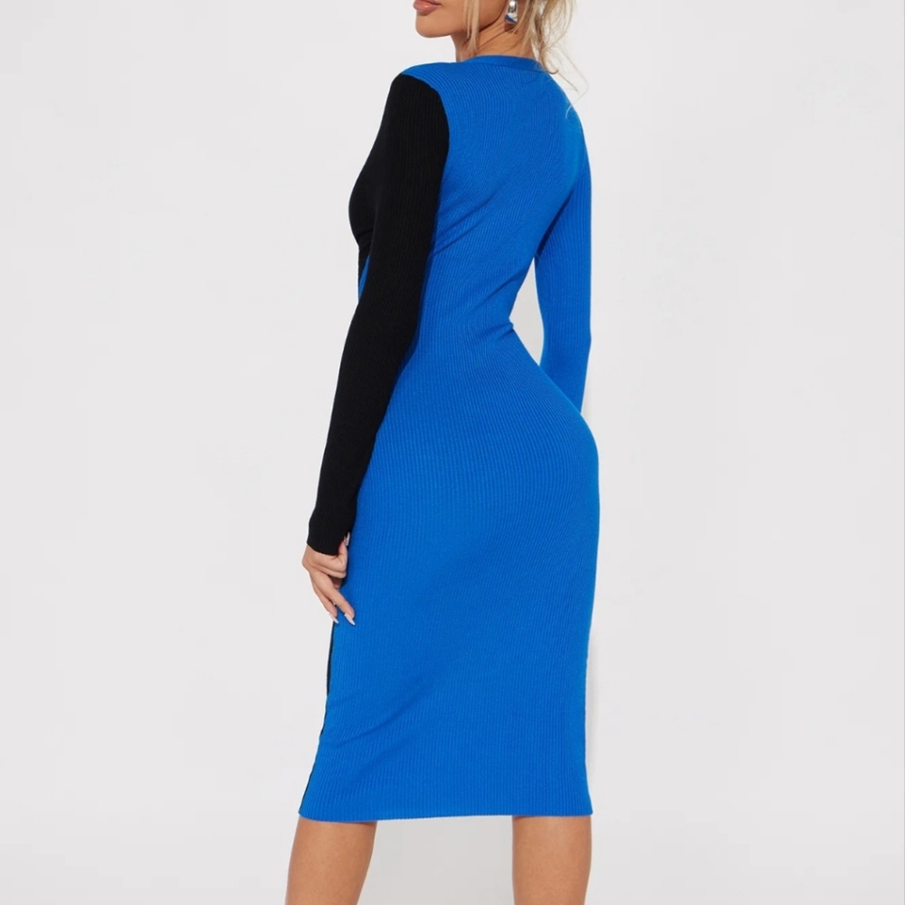 Fashion Nova Black & Blue Colorblock Bodycon ribbed midi dress - Picture 4 of 4